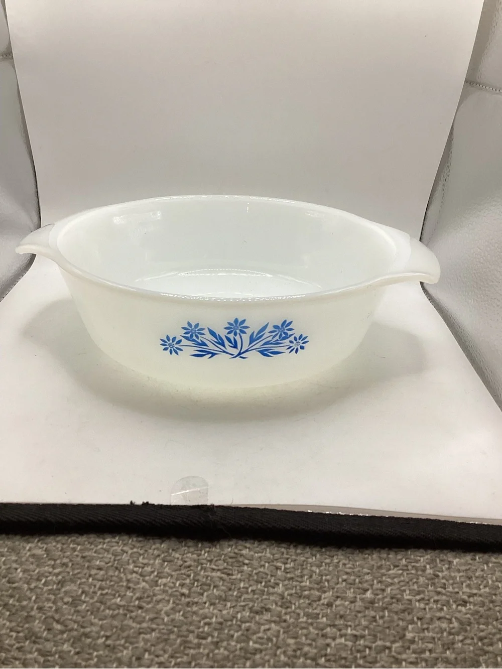 vintage Anchor Hocking Fire-King milk glass casserole dish cornflower design